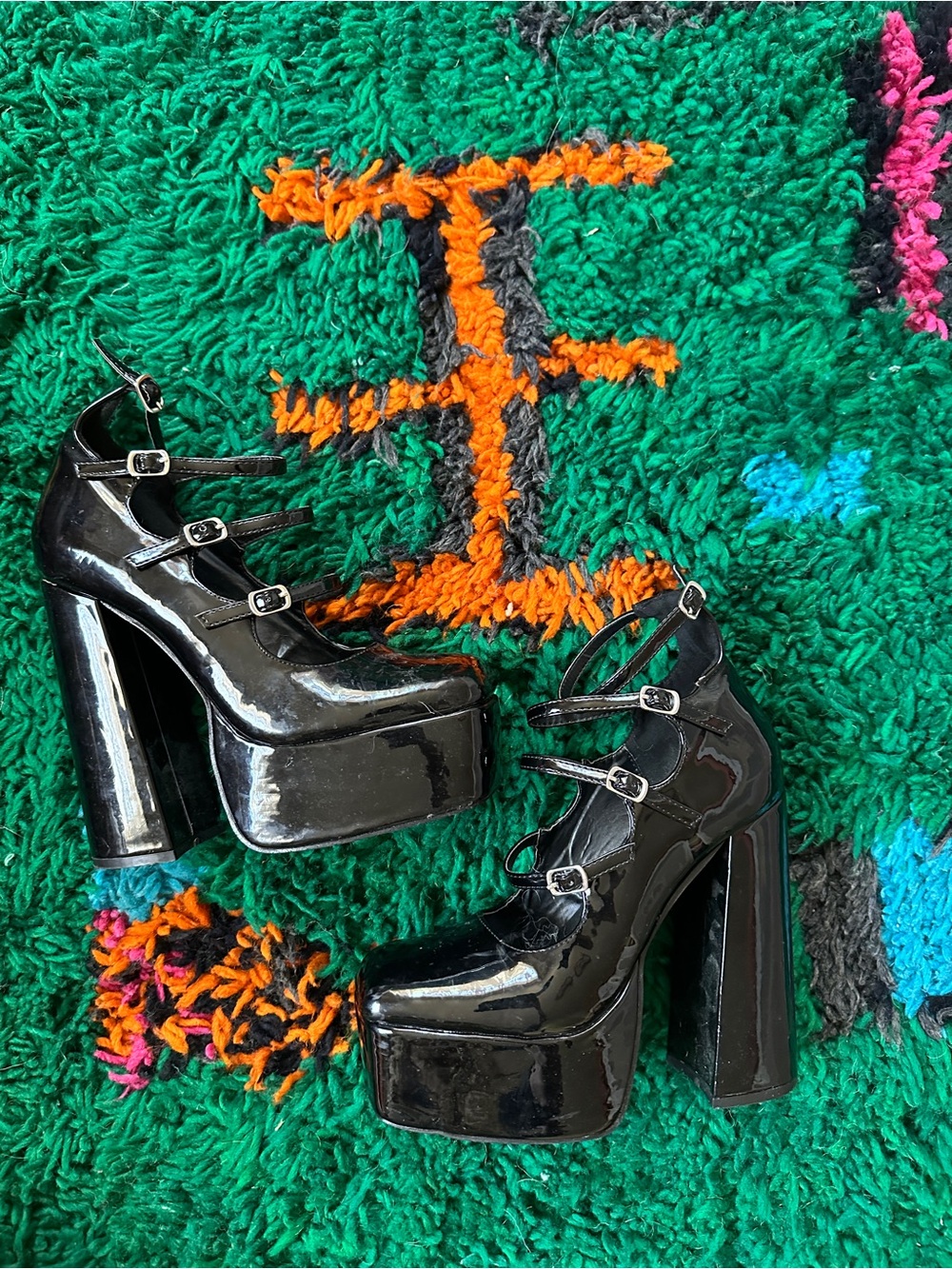Black Patent Platform Mary Jane Heels - Women